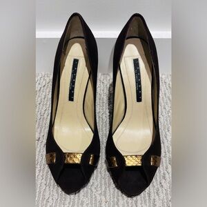 Laundry By Shelli Segal Dark Brown Suede Heels with Gold Details NEW